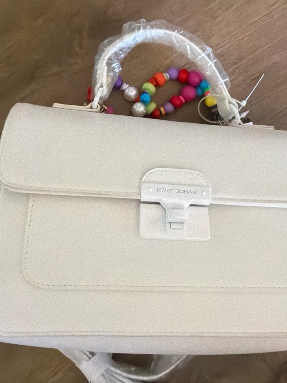 Betsey Johnson Cream Structured Top-Handle Satchel with Colorful Bead Accent